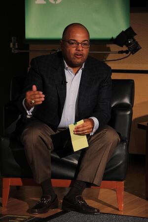 Mike Tirico has visited campus often, including a trip in October 2011 when this photo was taken.